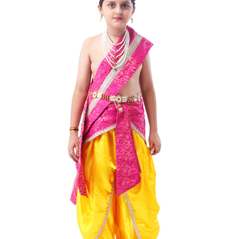 Little Krishna Costume for Kids Wearing Ornate Crown, Pearl Necklaces, and Festive Dhoti Ensemble