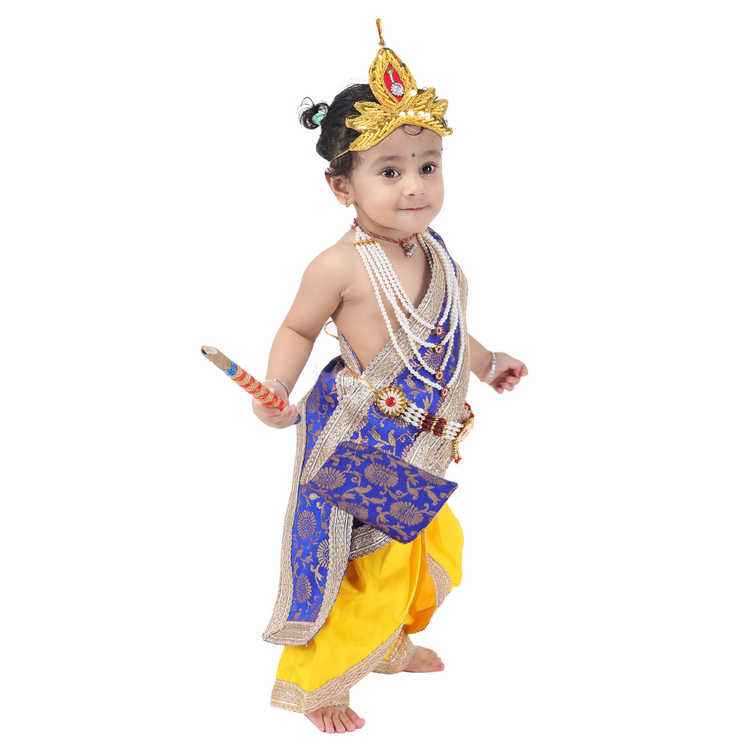 Baby boy Krishna dress yellow dhoti mukut bansuri mala