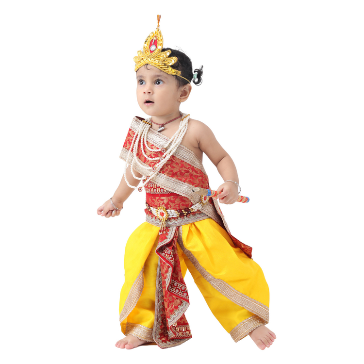 Baby boy wearing Laddu Gopal red patka yellow dhoti pose