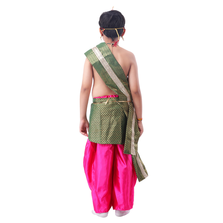 Bal Krishna Janmashtami outfit pink dhoti green patka pose