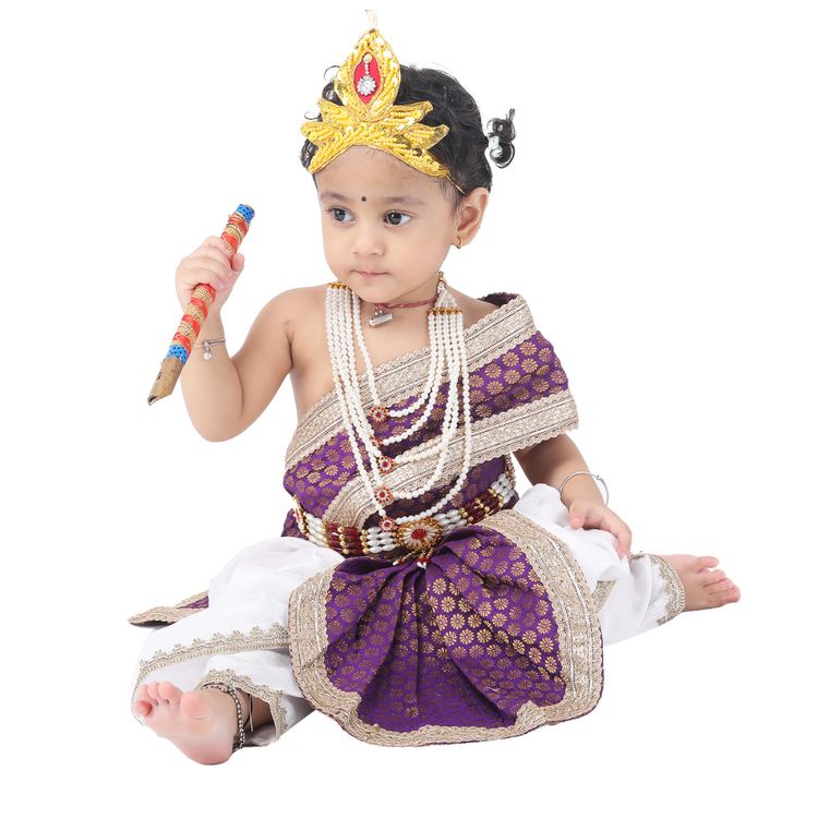 Krishna dhoti kurta set purple white embroidery closeup