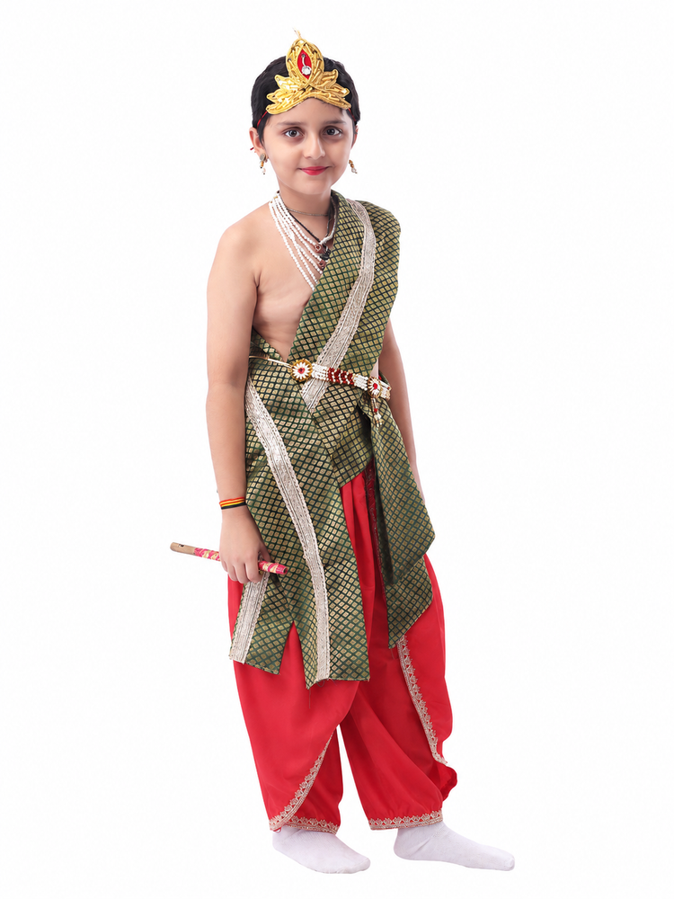 Krishna dhoti kurta set pink green embroidery closeup