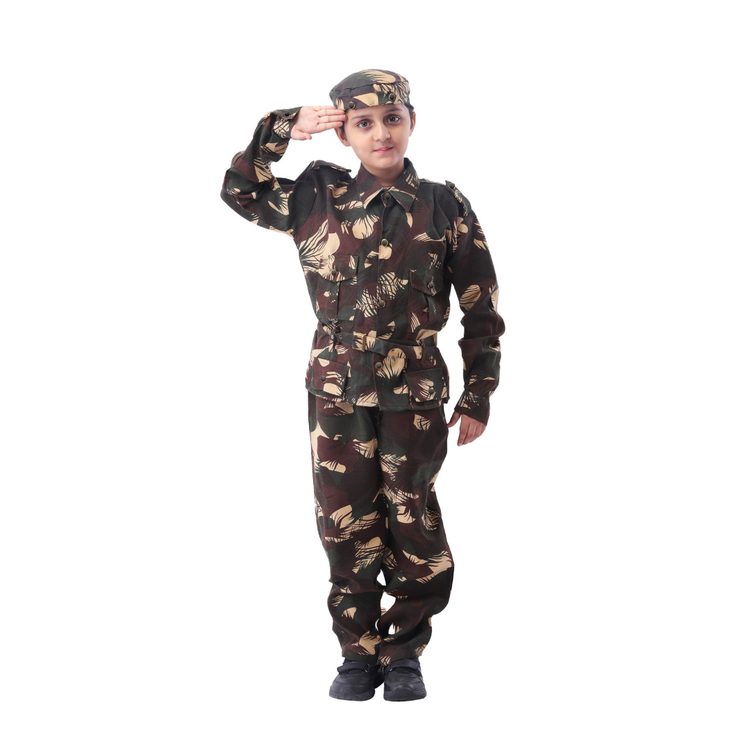 Kids Army military costume - uniform shirt, trousers, cap and salute set for school fancy dress