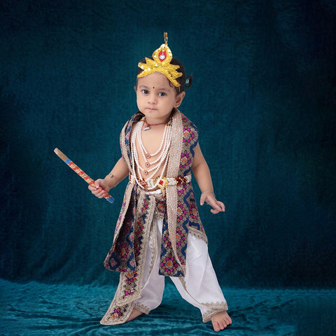 Krishna costume for baby boy - dupion silk white dhoti with blue patka