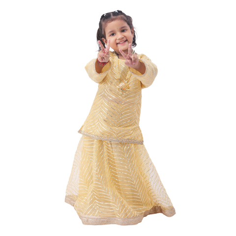 Radha costume for baby girls - golden lehenga choli front view