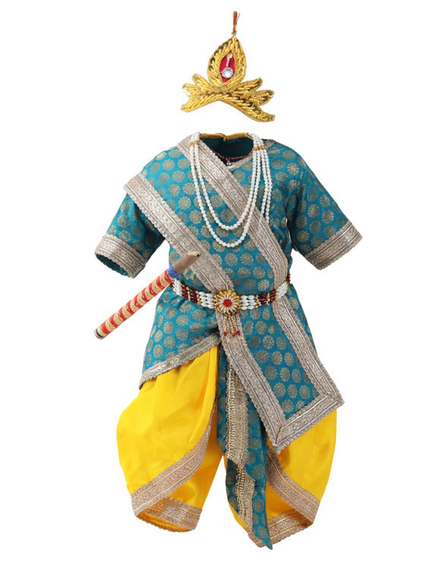 Krishna Costume for Kids - Teal Green Patka & Yellow Dhoti