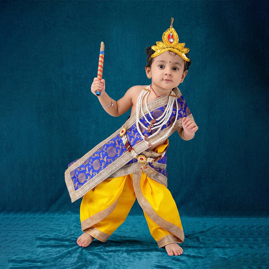 Laddu Gopal dress for baby boy - yellow dupion silk dhoti with blue patka, Janmashtami poshak by Design My Dress Bharat