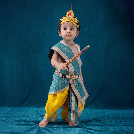 Bal Gopal costume for kids - dupion silk yellow dhoti with teal green patka