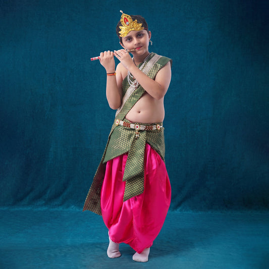 Bal Krishna dress for baby boy - satin pink dhoti with green patka