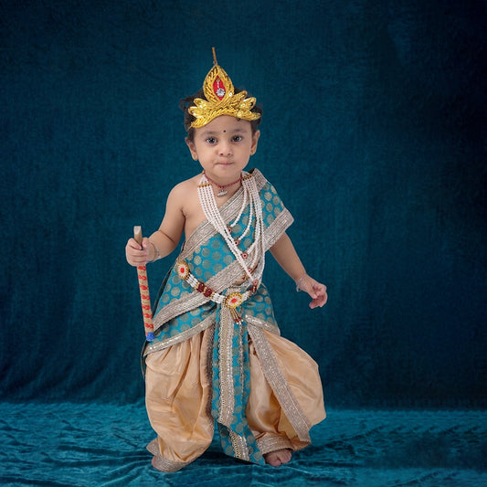 Royal Krishna costume for baby boy - golden dhoti with teal green patka