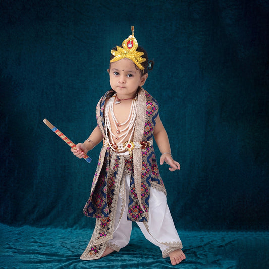 Krishna costume for baby boy - dupion silk white dhoti with blue patka