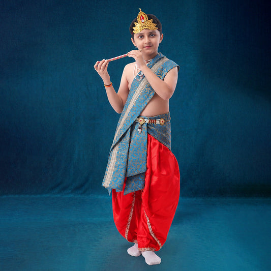 Krishna costume for kids - satin red dhoti with embroidered teal blue patka