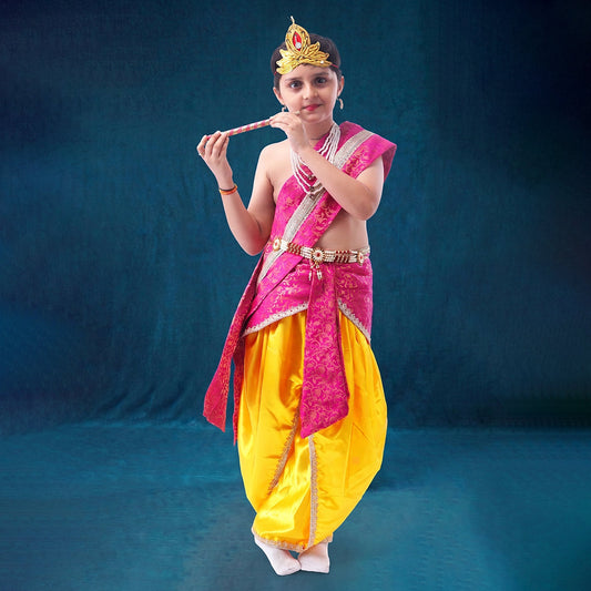 Kanhaiya dress for kids - satin yellow dhoti with pink patka