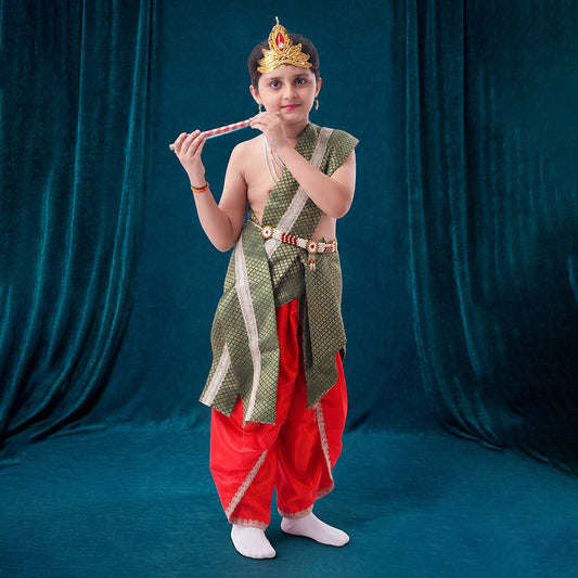 Natkhat Krishna costume for kids - satin red dhoti with green patka
