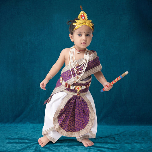Shri Krishna dress for baby boy - dupion silk white dhoti with purple patka