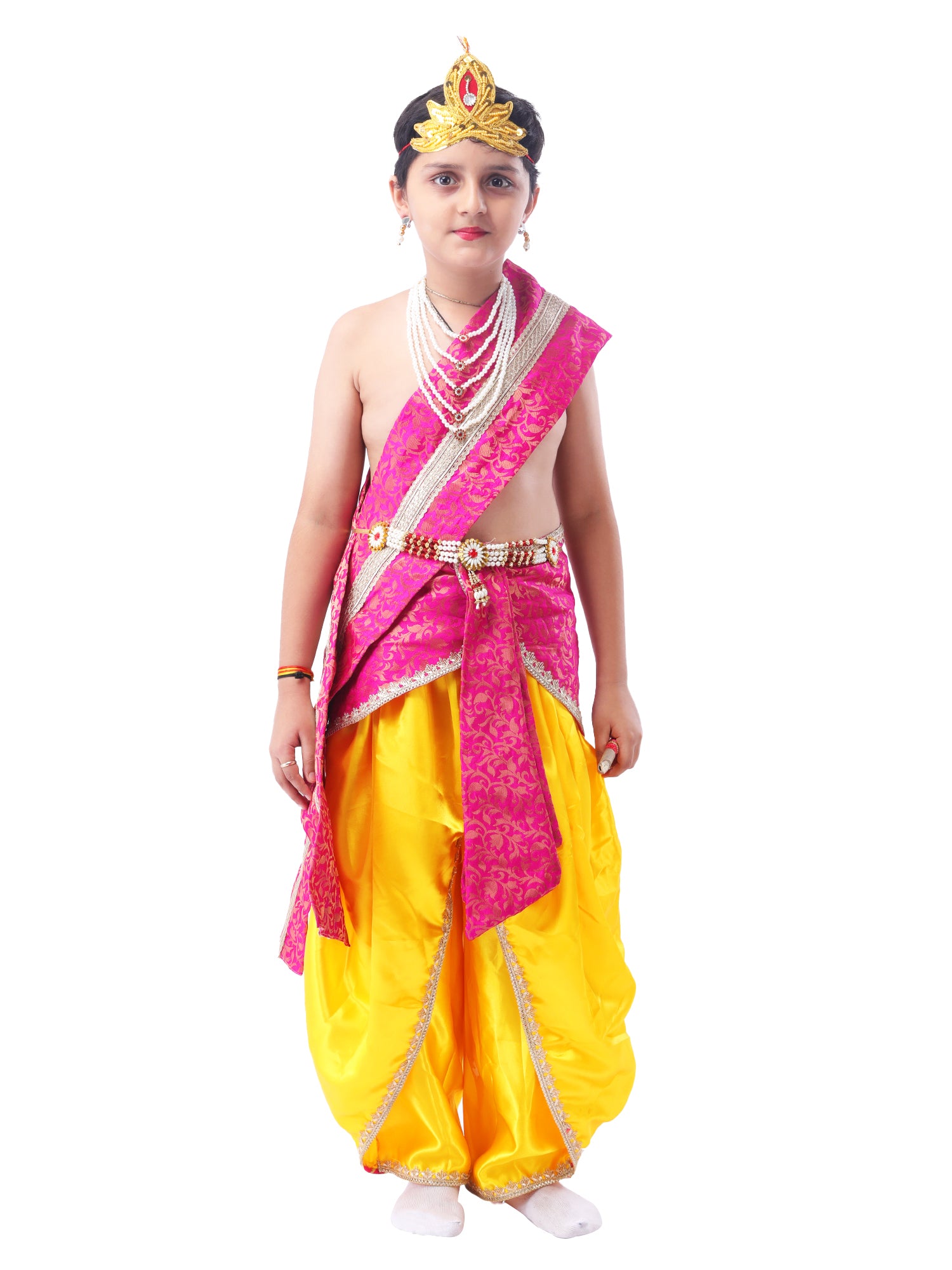 Little Krishna Costume for Kids Wearing Ornate Crown, Pearl Necklaces, and Festive Dhoti Ensemble