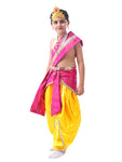 Little Krishna Costume for Kids Wearing Ornate Crown, Pearl Necklaces, and Festive Dhoti Ensemble