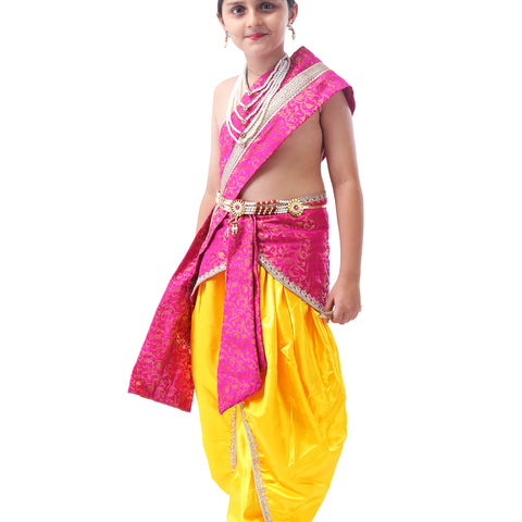Little Krishna Costume for Kids Wearing Ornate Crown, Pearl Necklaces, and Festive Dhoti Ensemble