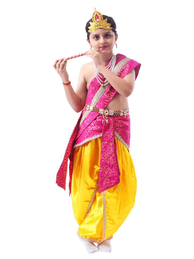 Little Krishna Costume for Kids Wearing Ornate Crown, Pearl Necklaces, and Festive Dhoti Ensemble