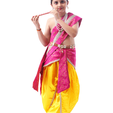 Kanhaiya Dress for Kids Includes Satin Yellow Dhoti, Embroidered Pink Patka And Accessories | Dress Ready for Janmashtami