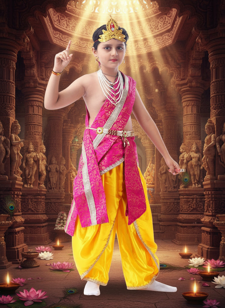Little Krishna Costume for Kids Wearing Ornate Crown, Pearl Necklaces, and Festive Dhoti Ensemble