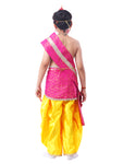 Little Krishna Costume for Kids Wearing Ornate Crown, Pearl Necklaces, and Festive Dhoti Ensemble