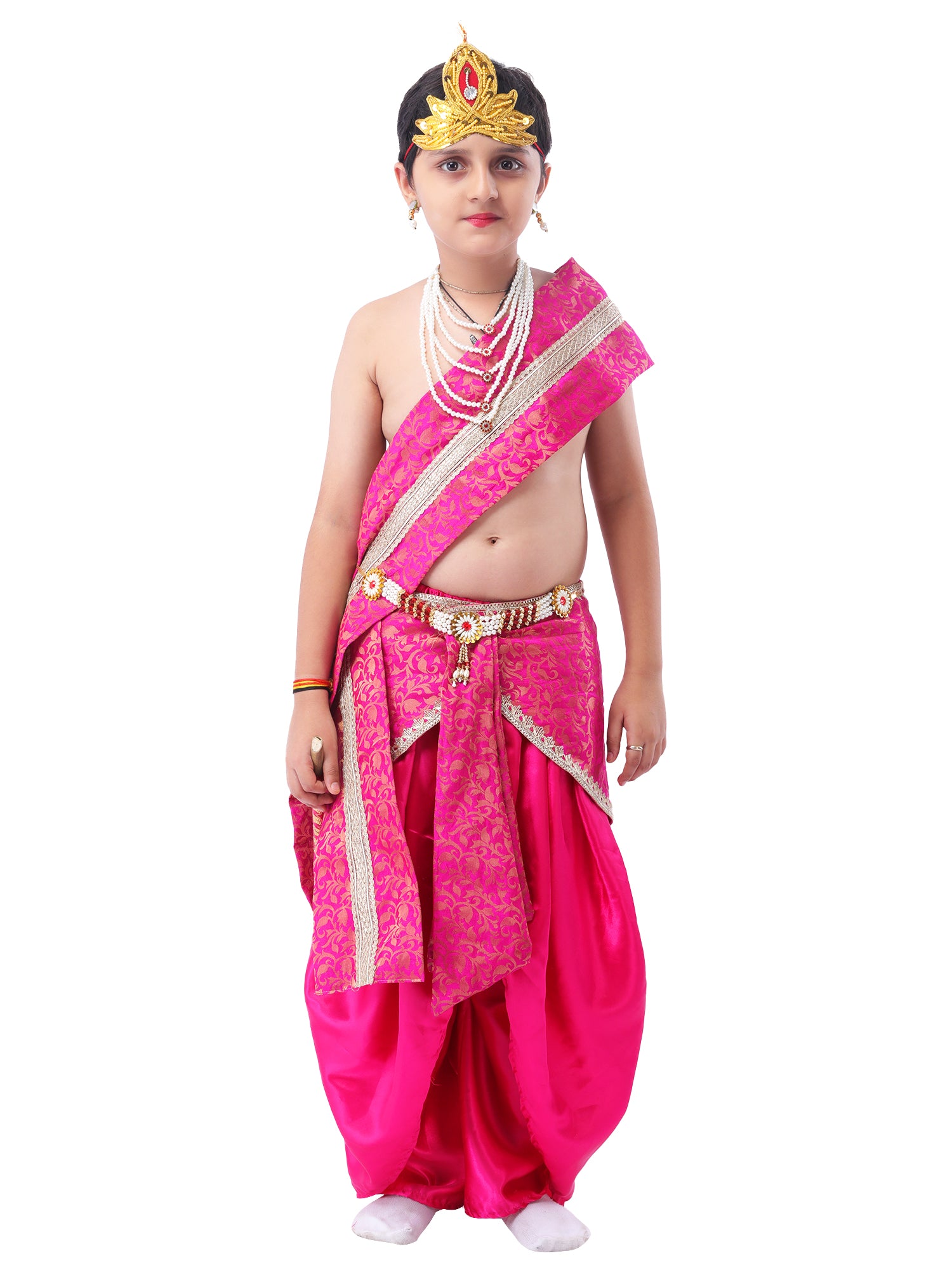 Little Krishna Costume for Kids Wearing Ornate Crown, Pearl Necklaces, and Festive Dhoti Ensemble