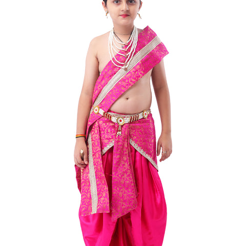 Little Krishna Costume for Kids Wearing Ornate Crown, Pearl Necklaces, and Festive Dhoti Ensemble