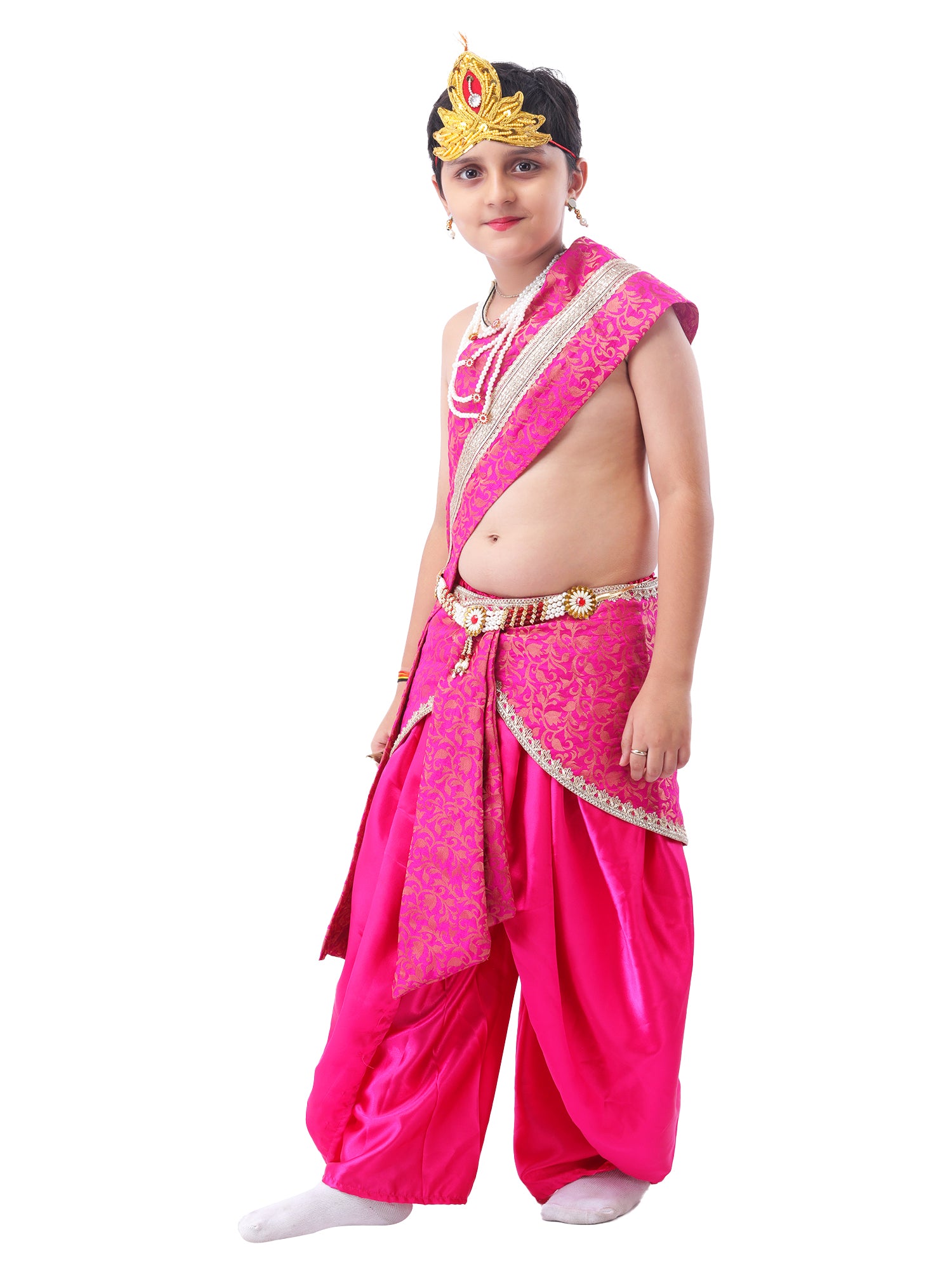 Little Krishna Costume for Kids Wearing Ornate Crown, Pearl Necklaces, and Festive Dhoti Ensemble
