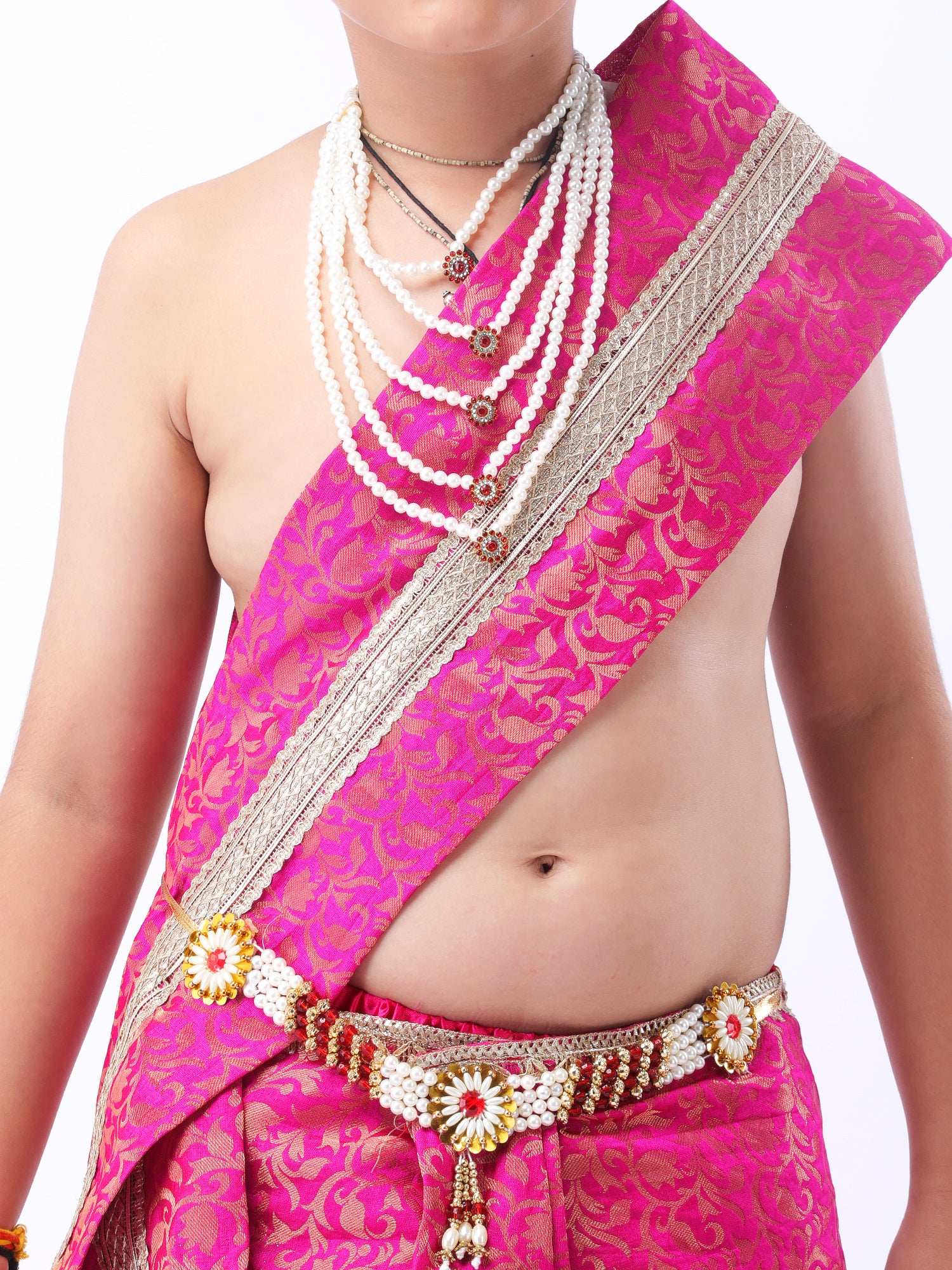 Little Krishna Costume for Kids Wearing Ornate Crown, Pearl Necklaces, and Festive Dhoti Ensemble