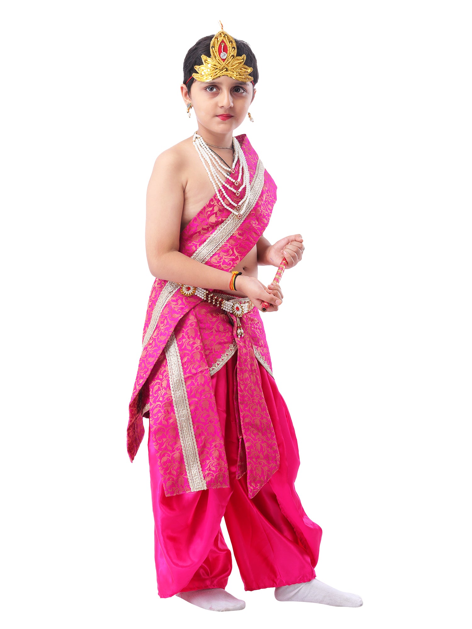 Little Krishna Costume for Kids Wearing Ornate Crown, Pearl Necklaces, and Festive Dhoti Ensemble