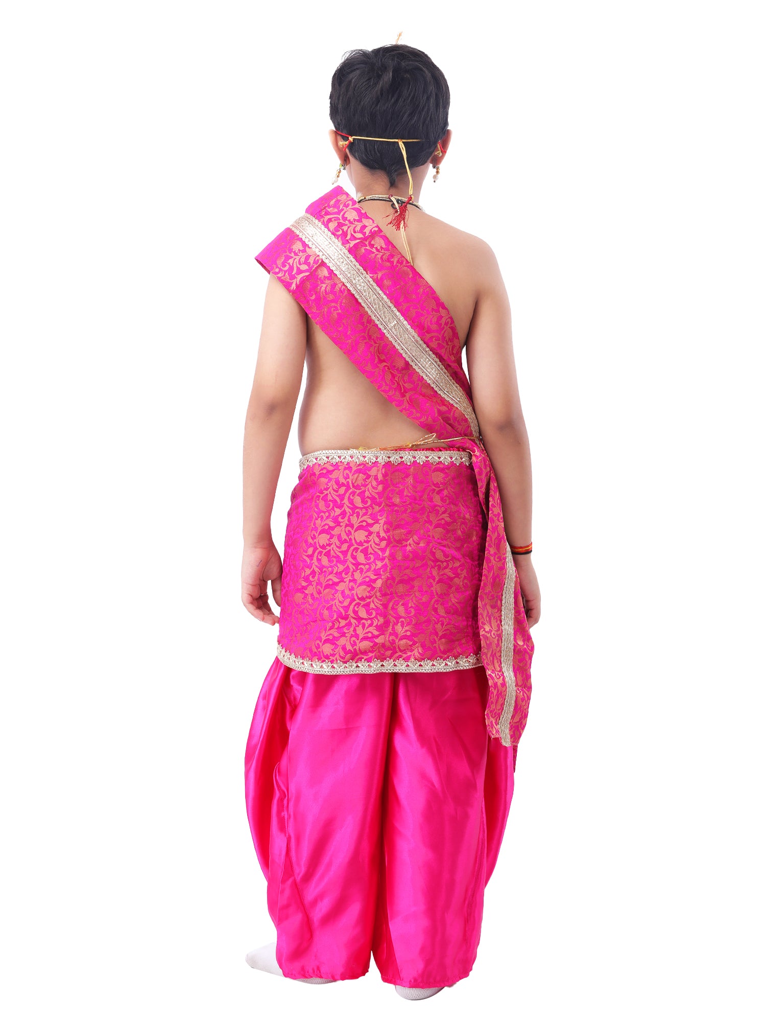 Little Krishna Costume for Kids Wearing Ornate Crown, Pearl Necklaces, and Festive Dhoti Ensemble