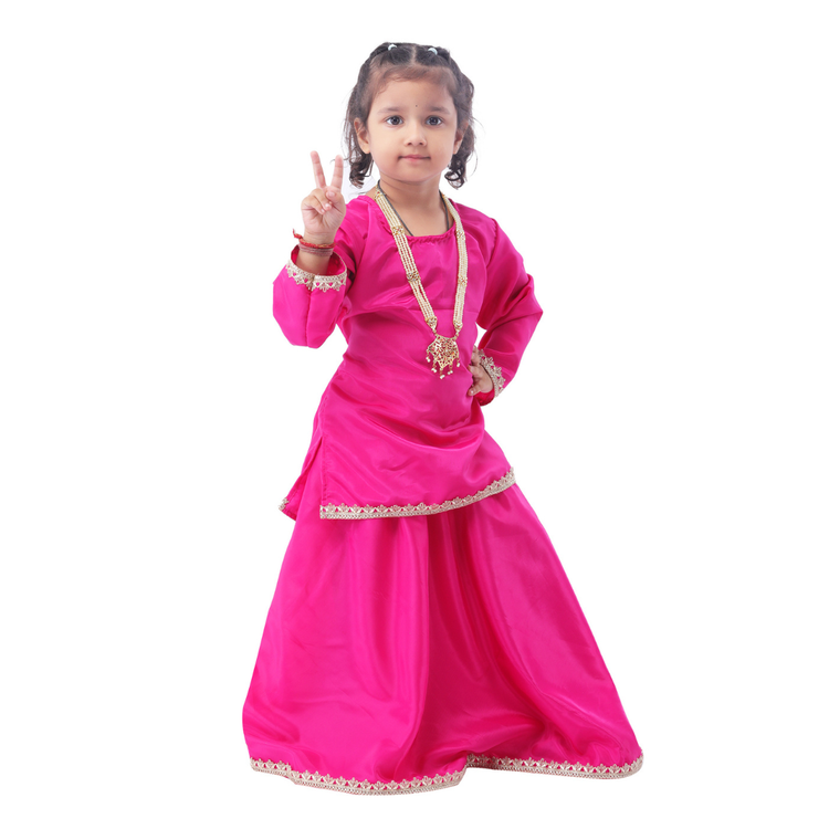 Little Girls Pink Lehenga Choli Set with Embellished Border and Necklace Accessory