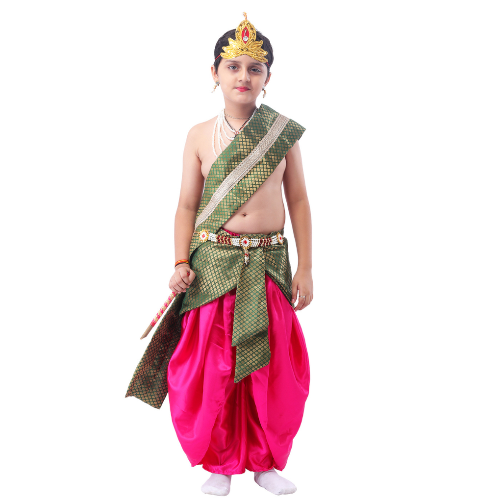 Krishna Dress-Up Kid Portraying a Divine Character with Elegant Crown, Jewelry Layers, and Vibrant Ethnic Outfit