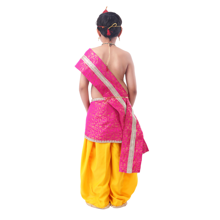 Little Krishna Costume for Kids Wearing Ornate Crown, Pearl Necklaces, and Yellow Dhoti Ensemble