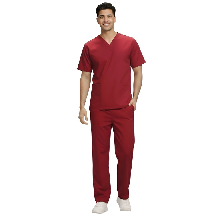Medical Scrubs Set Men Comfort Fit – Maroon V-Neck T-Shirt & Pants
