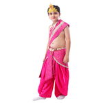 Little Krishna Costume for Kids Wearing Ornate Crown, Pearl Necklaces, and Festive Dhoti Ensemble
