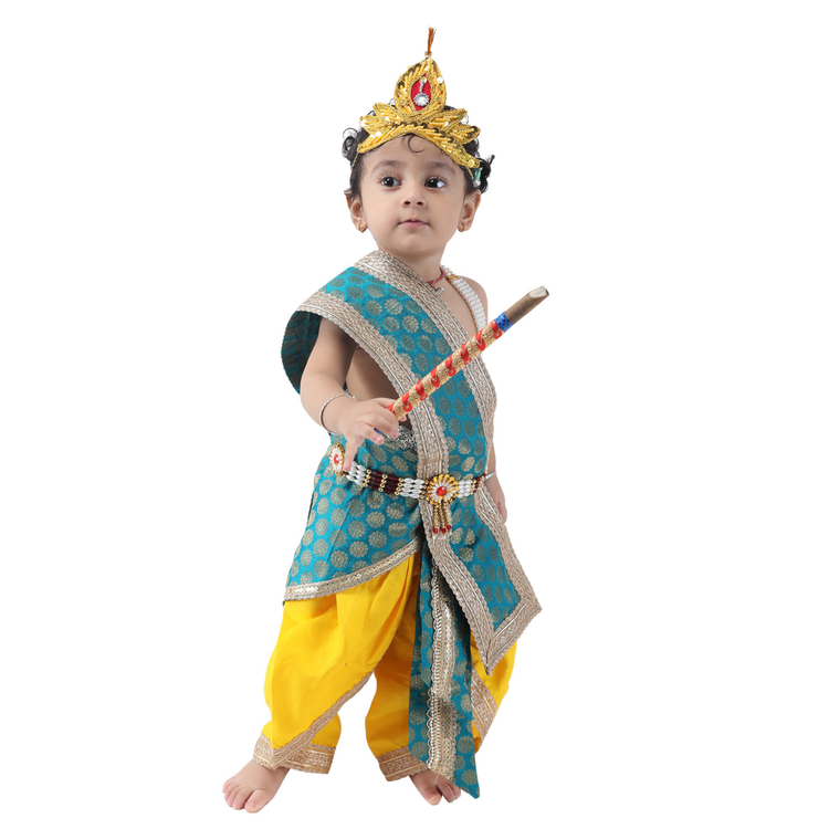 Krishna Fancy Costume for Kids Dress Teal Green Pakta - Yellow Dhoti with Accessories