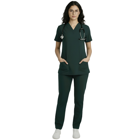 Medical Scrubs Set Women Comfort Fit – Dark Green V-Neck T-Shirt & Pants