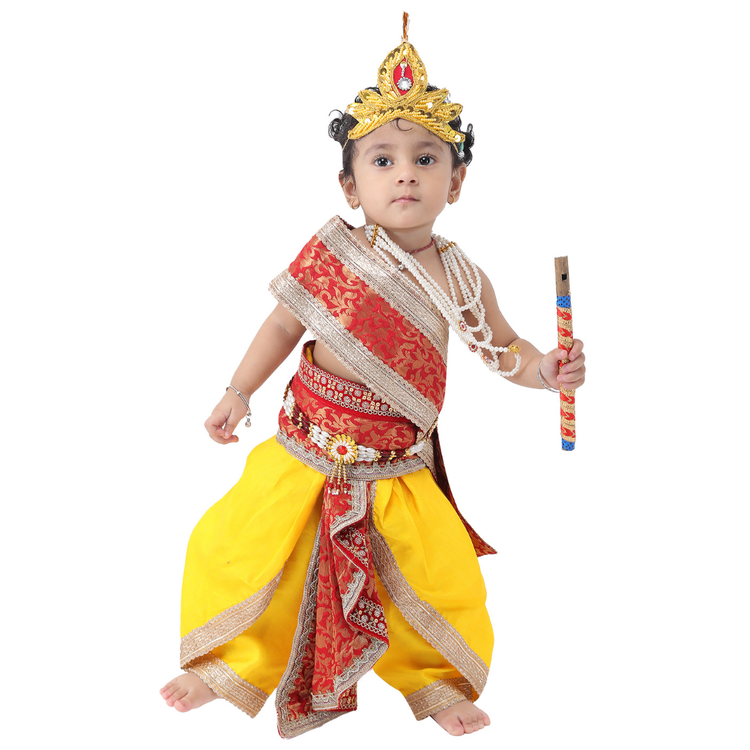 Krishna Fancy Costume for Kids Dress Red Pakta - Yellow Dhoti Includes Accessories