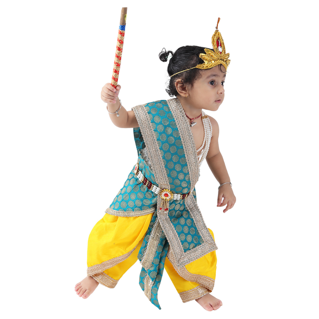 Krishna Fancy Costume for Kids Dress Teal Green Pakta - Yellow Dhoti with Accessories