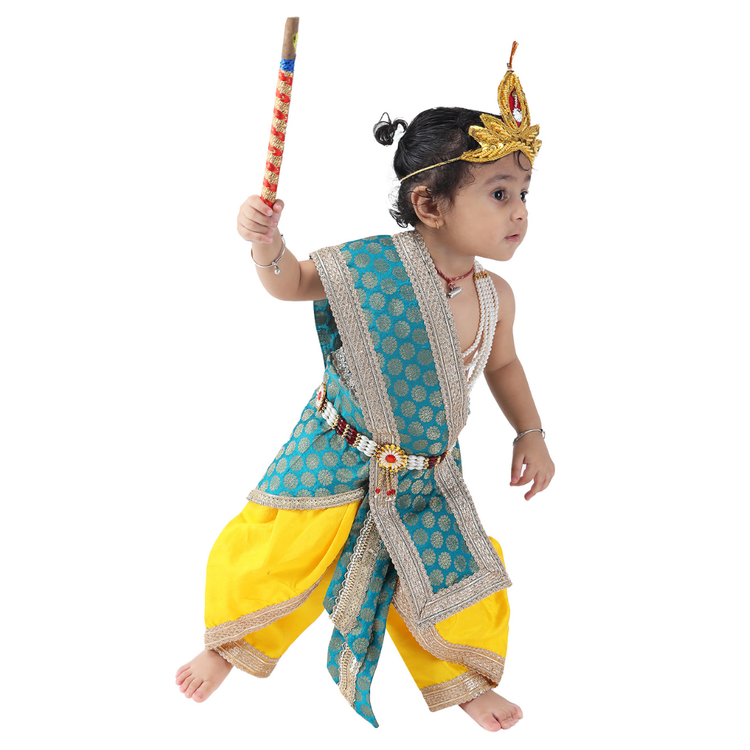 Krishna Fancy Costume for Kids Dress Teal Green Pakta - Yellow Dhoti with Accessories