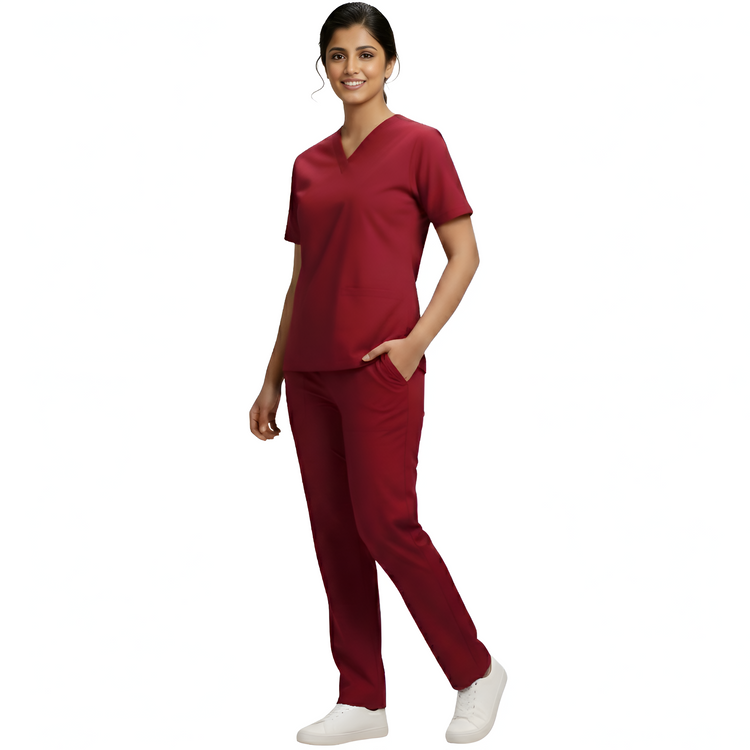 Medical Scrubs Set Women Comfort Fit – Maroon V-Neck T-Shirt & Pants
