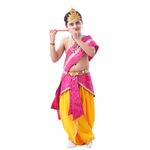 Little Krishna Costume for Kids Wearing Ornate Crown, Pearl Necklaces, and Yellow Dhoti Ensemble