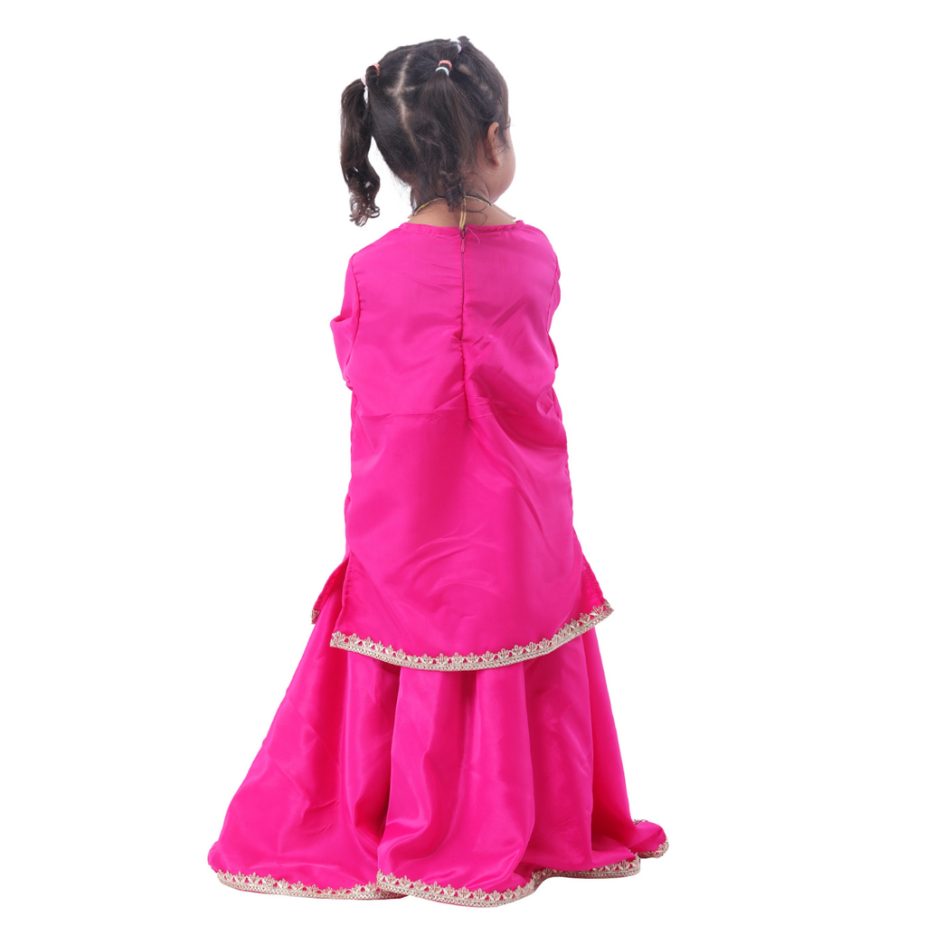 Little Girls Pink Lehenga Choli Set with Embellished Border and Necklace Accessory