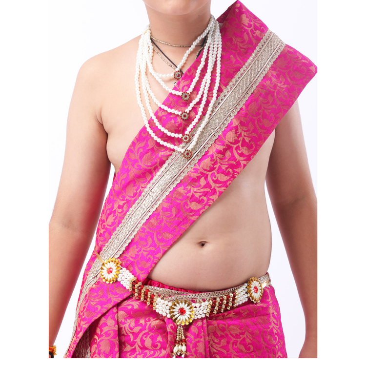 Little Krishna Costume for Kids Wearing Ornate Crown, Pearl Necklaces, and Festive Dhoti Ensemble