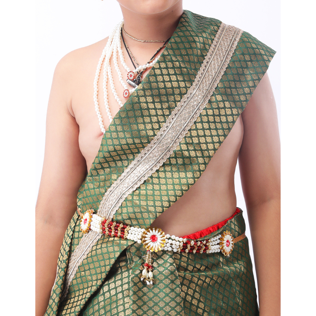 Little Krishna Costume for Kids Wearing Ornate Crown, Pearl Necklaces, and Festive Dhoti Ensemble