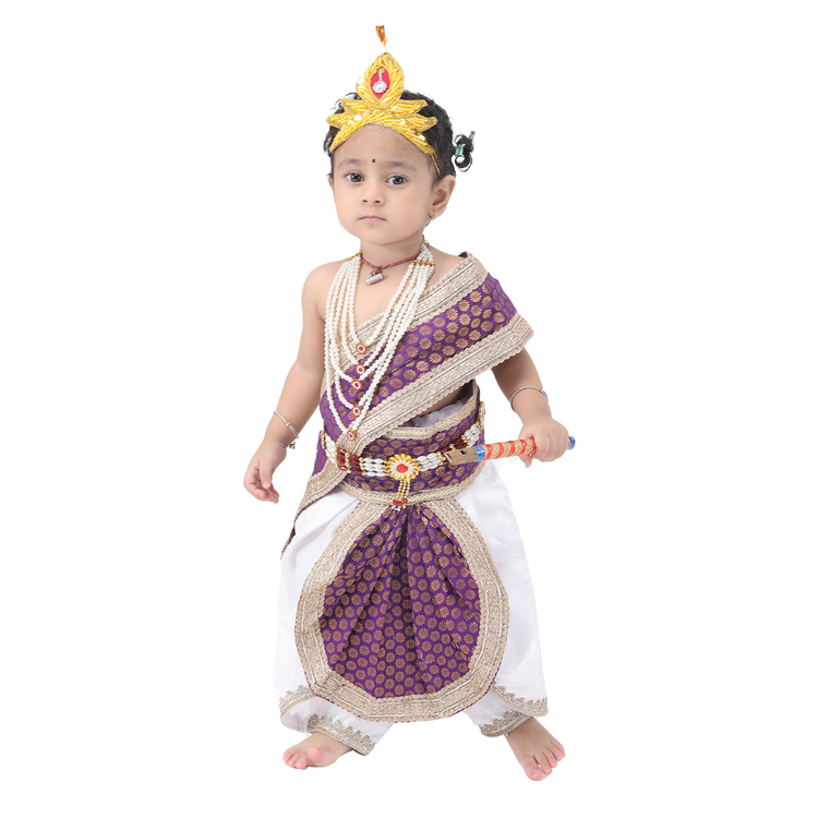 Krishna Fancy Costume for Kids Dress Purple Pakta - White Dhoti Includes Accessories