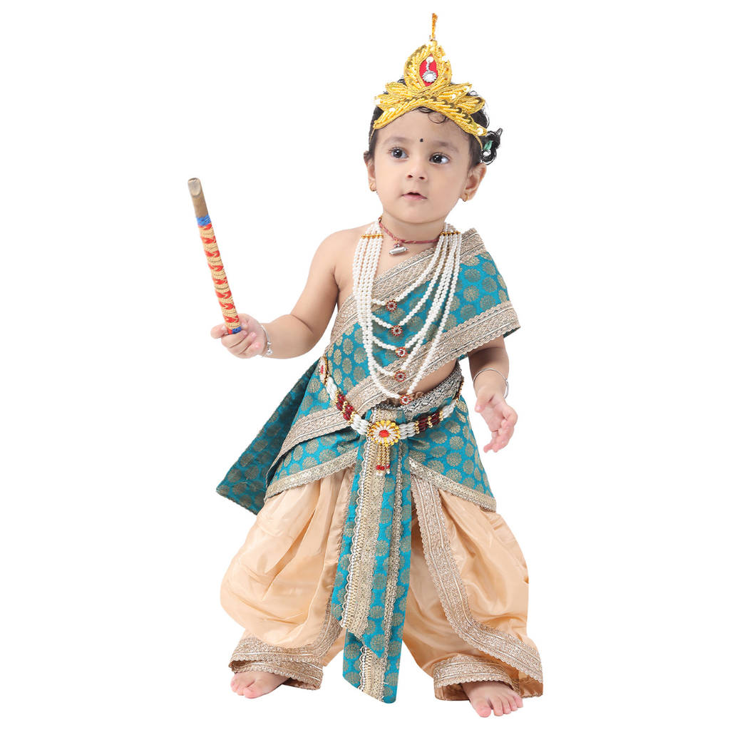 Krishna Fancy Costume for Kids Dress Teal Green Pakta - Golden Dhoti Includes Accessories