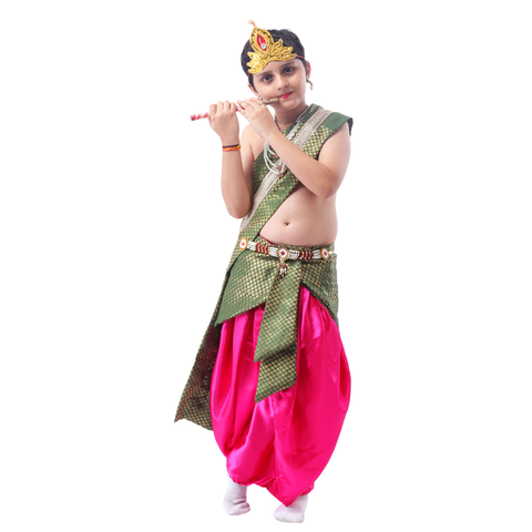 Krishna Dress-Up Kid Portraying a Divine Character with Elegant Crown, Jewelry Layers, and Vibrant Ethnic Outfit